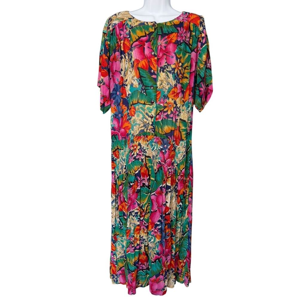Vintage 80s Bandini Tropical Floral Maxi Dress Women’s XL Rayon Resort Botanical